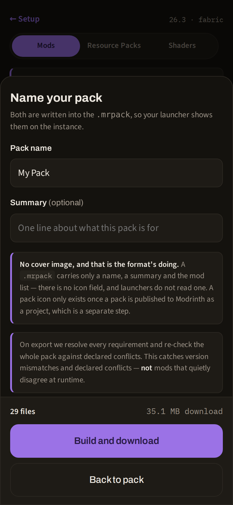 Export sheet: pack name and summary fields, a note explaining that .mrpack files have no cover image, a note about conflict re-checking, and a Build and download button