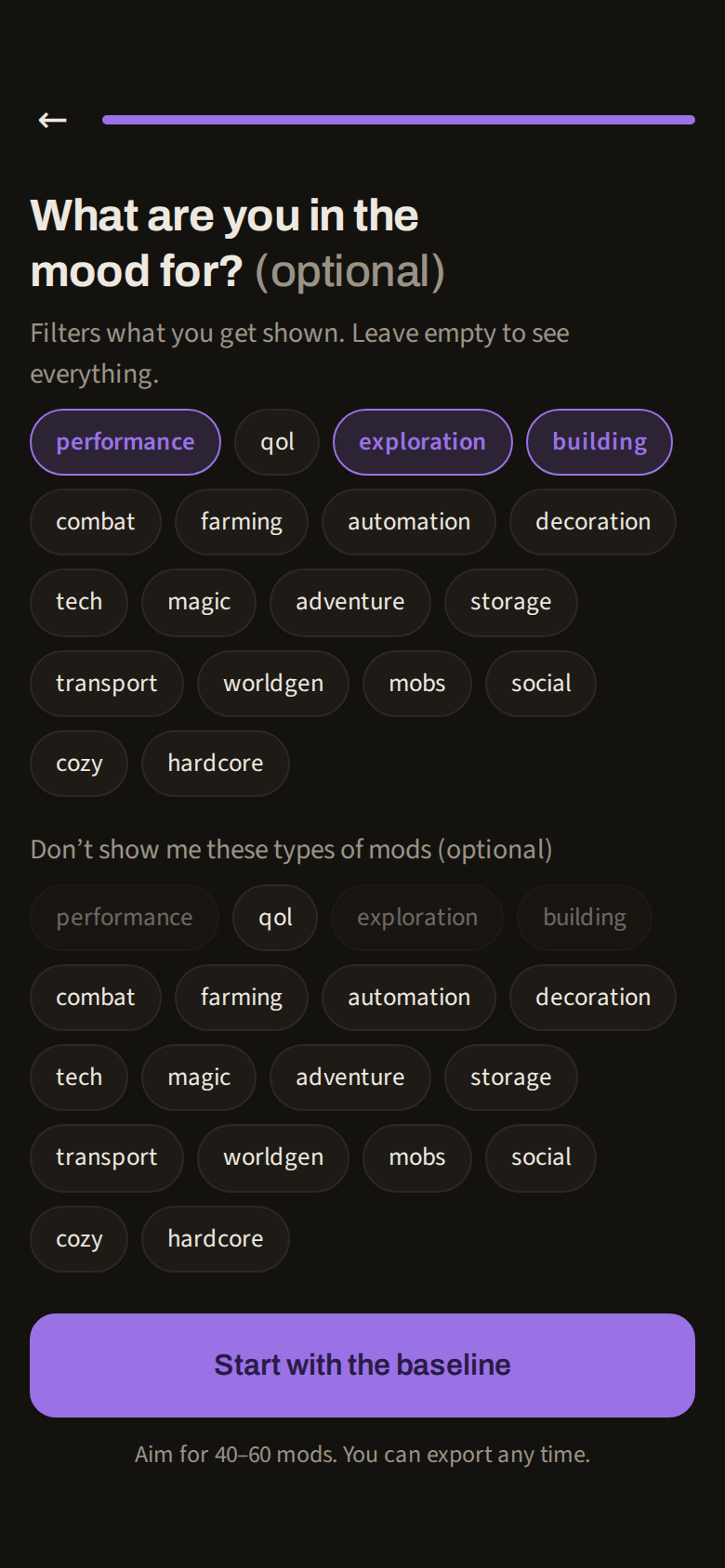 Mood filter screen: tag chips such as performance, exploration and building, some selected, with a second row of chips to exclude types of mods