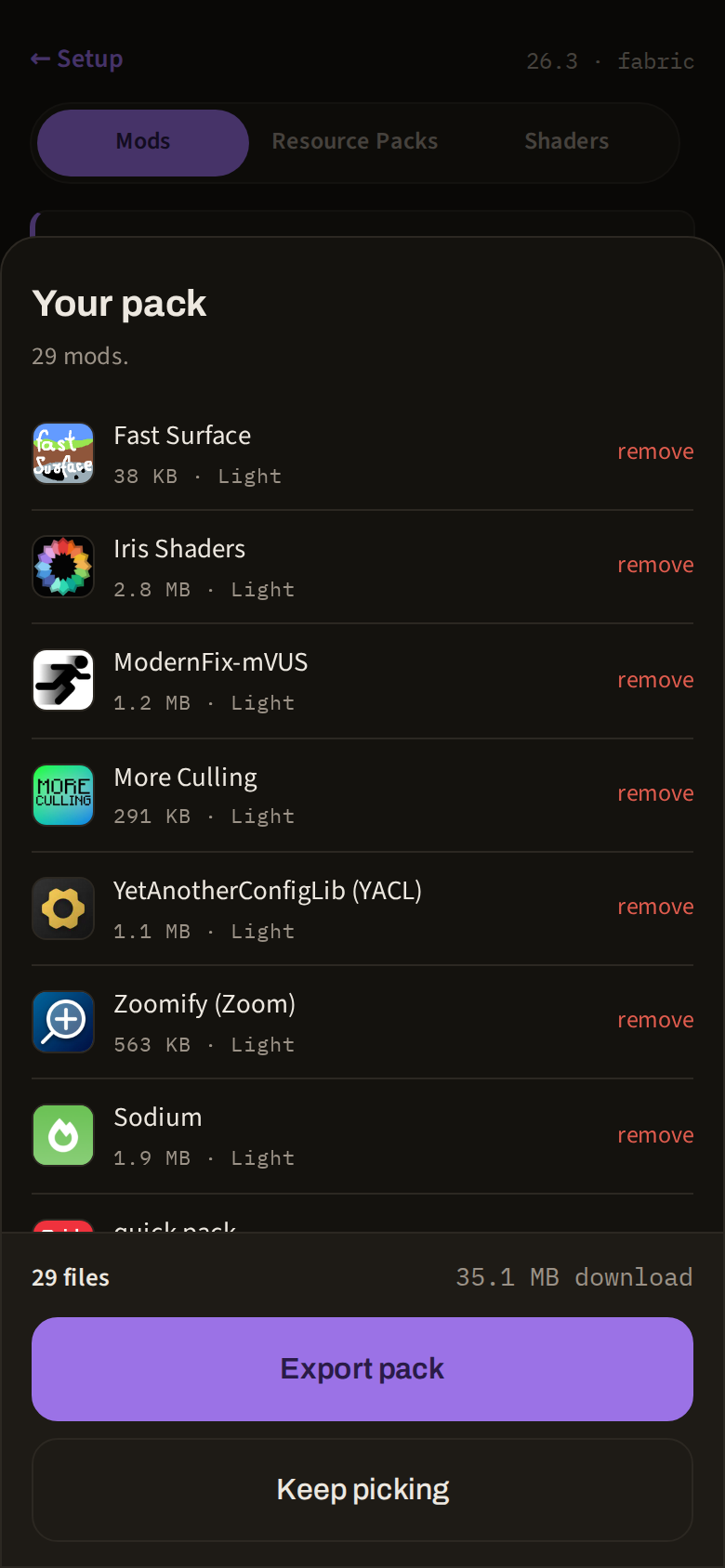 Your pack sheet: a list of kept mods with size and weight, each with a remove link, and a footer with the file count and total download size
