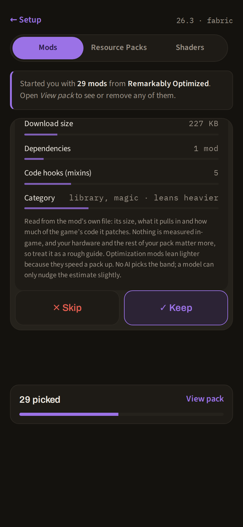 Performance guide expanded on a mod card: bars for download size, dependencies, code hooks (mixins) and category, with an explanation below