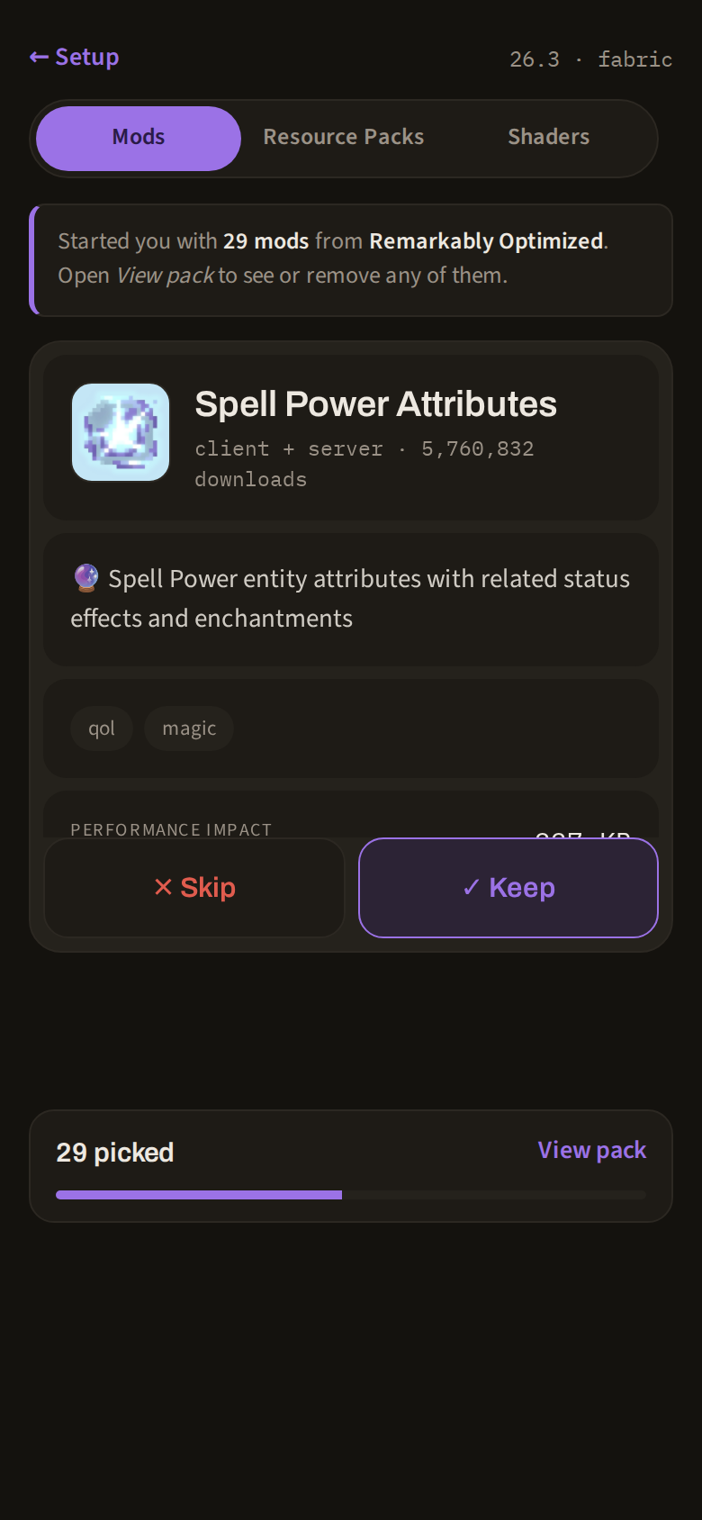 Swipe screen showing one mod card with its description, tags, and Skip and Keep buttons, plus a count of mods picked so far