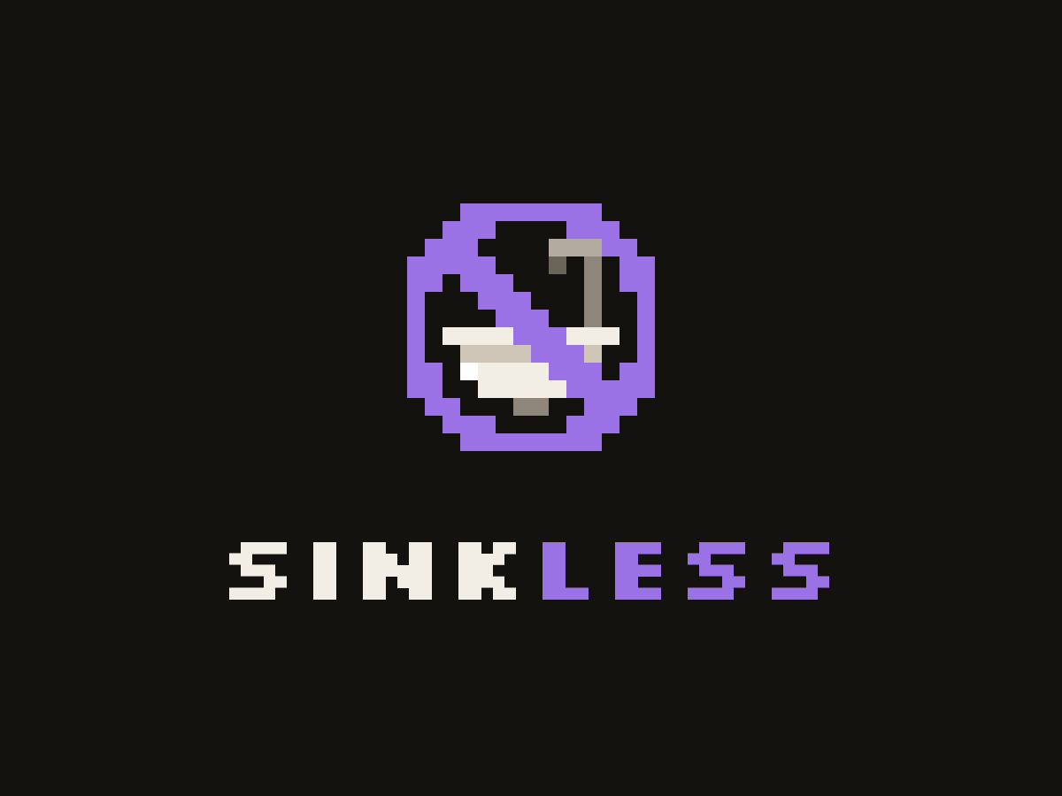Sinkless logo: a pixel-art sink crossed out in purple, above the word SINKLESS